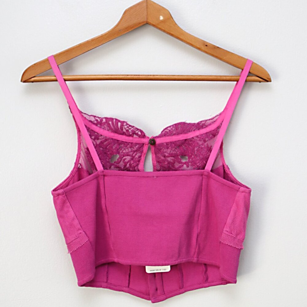 Free People Have My Heart Lace Tank Cotton Crop Top Pink Purple Buttons Summer - Picture 7 of 10